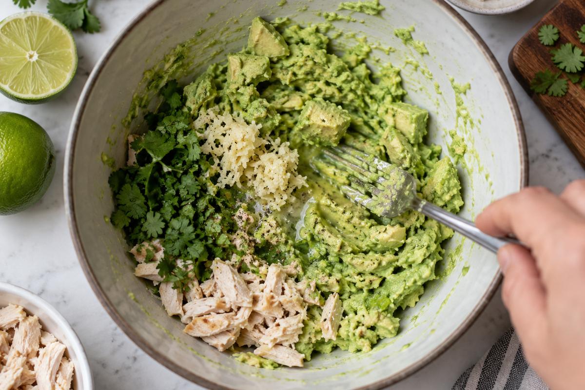Creamy Avocado Chicken Salad Recipe with Lime and Cilantro 2 Overhead view of avocado chicken salad recipe being prepared in a medium bowl, with mashed avocado, fresh lime juice, and grated garlic being stirred together by a fork