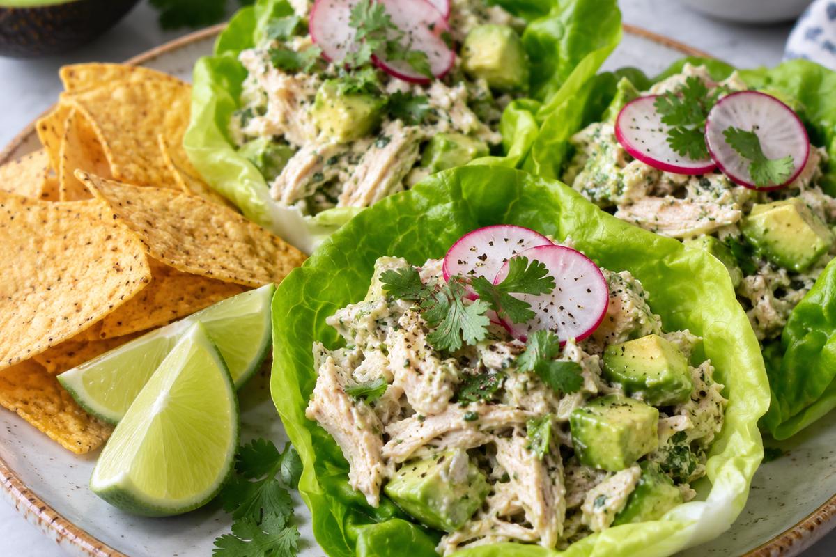 Creamy Avocado Chicken Salad Recipe with Lime and Cilantro 4 Avocado chicken salad recipe served in crisp butter lettuce cups on a ceramic plate, topped with cilantro and sliced radishes, with corn chips and lime wedges on the side