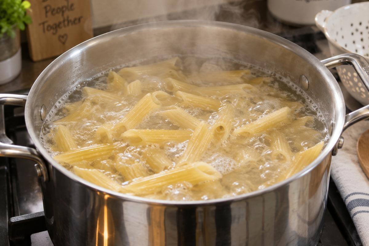 Easy Baked Pasta with Ground Beef Recipe 2 A pot with boiling pasta, steam rising, showing the pasta just slightly undercooked.