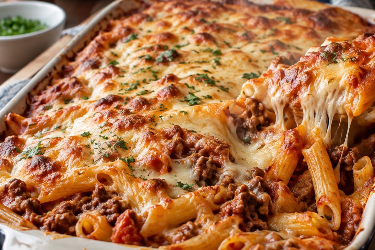 Easy Baked Pasta with Ground Beef Recipe 3 A casserole dish filled with pasta topped with melting cheese, just out of the oven.