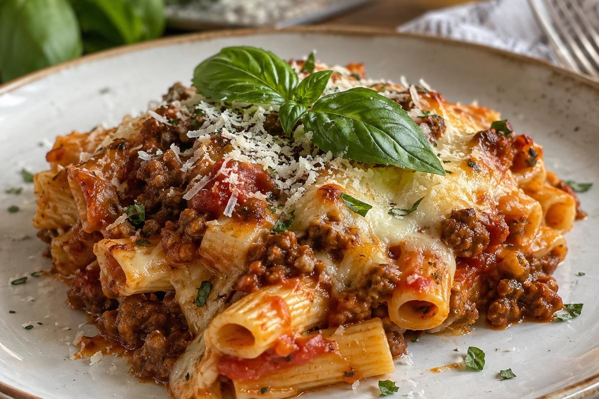 Easy Baked Pasta with Ground Beef Recipe 4 A beautifully plated serving of baked pasta with ground beef, topped with fresh basil and sprinkled parmesan cheese.