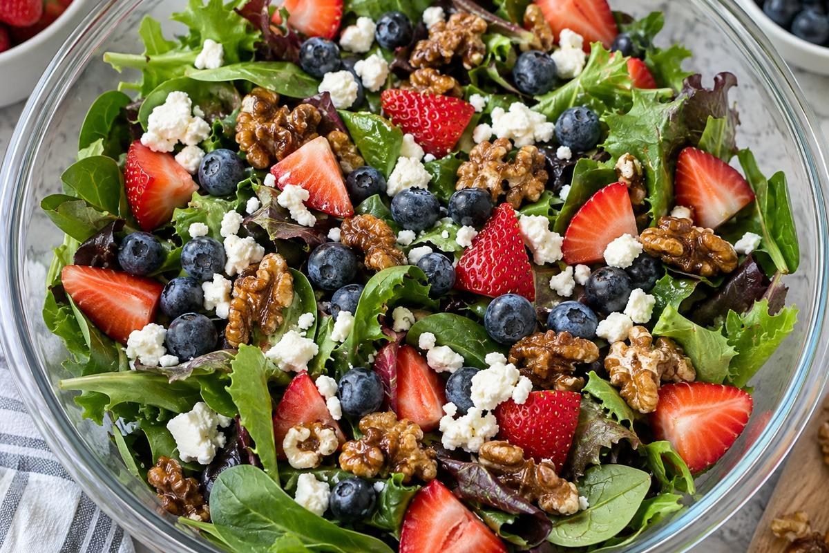 Berry Summer Salad with Feta and Candied Walnuts 2 Close-up overhead view of Berry summer salad being assembled in a wide glass bowl, with crisp baby greens covered by bright blueberries, quartered strawberries, white feta crumbles, and candied walnuts before the dressing is added