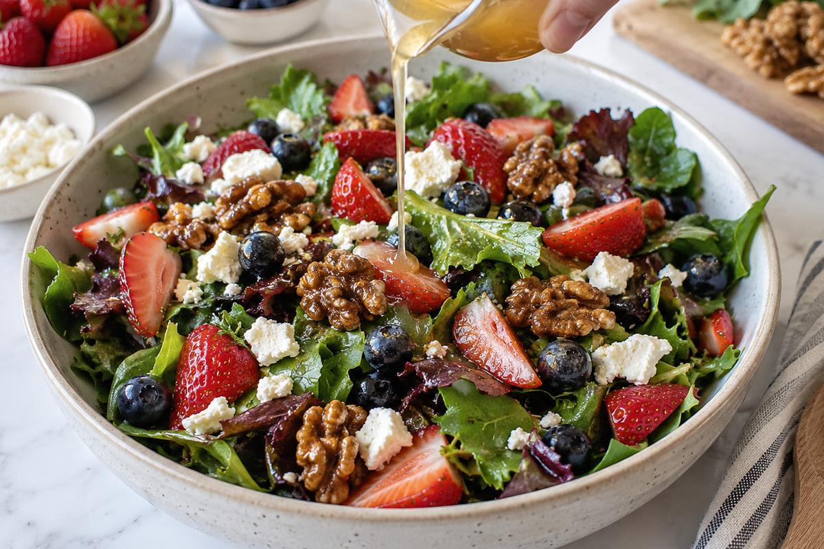 Berry Summer Salad with Feta and Candied Walnuts 3 A hand drizzling pale golden white balsamic vinaigrette over a freshly assembled Berry summer salad with baby greens, strawberries, blueberries, feta, and candied walnuts in a large serving bowl