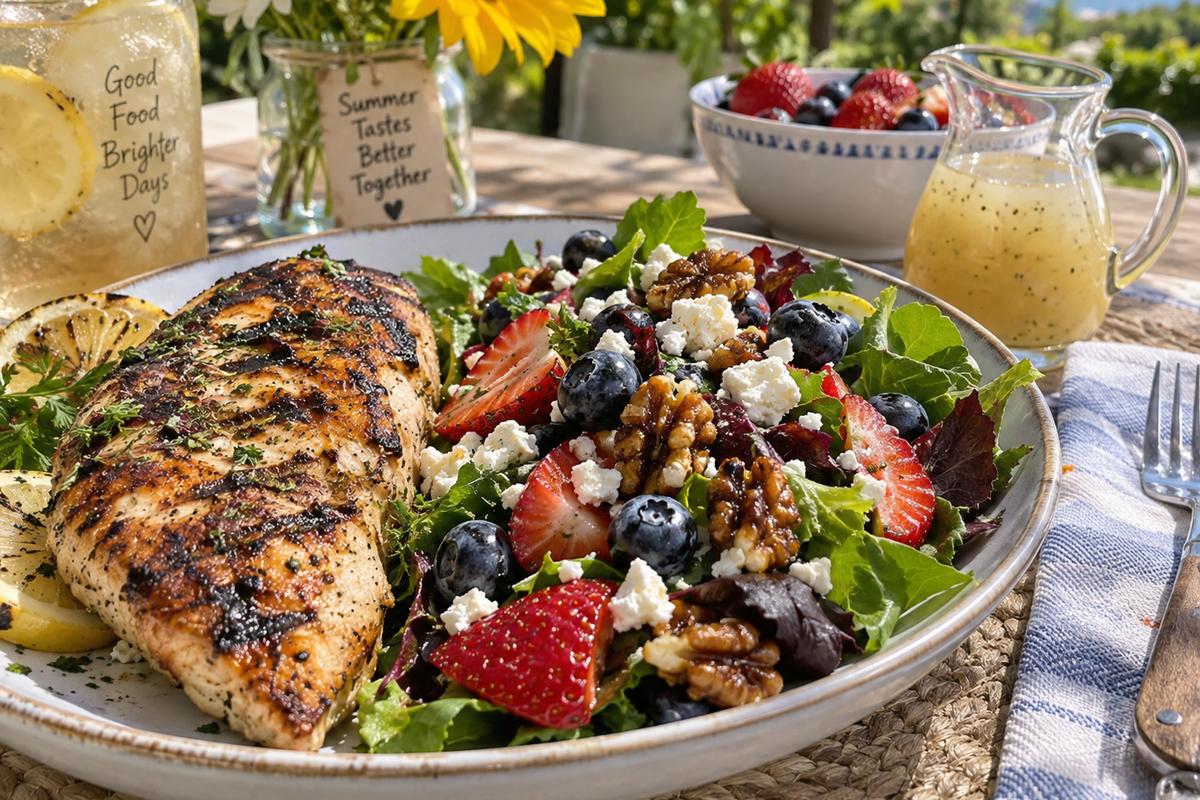 Berry Summer Salad with Feta and Candied Walnuts 4 Berry summer salad plated as a colorful side dish beside grilled chicken on a summer outdoor table, with baby greens, strawberries, blueberries, feta, candied walnuts, and a small pitcher of white balsamic vinaigrette visible