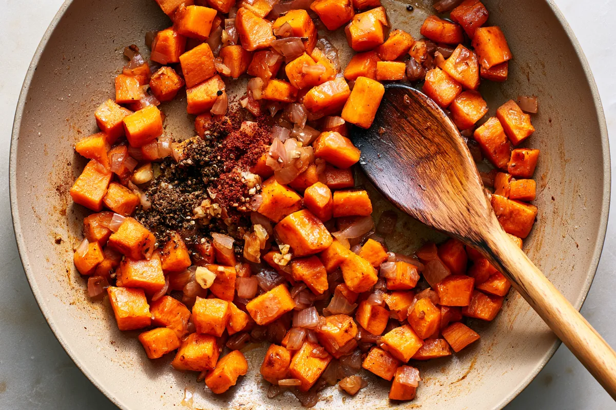 Cheap Healthy Dinners for Two: Smoky Lentil Sweet Potato Skillet 2 Overhead view of a skillet with diced sweet potato, softened onion, garlic, cumin, smoked paprika, and chili powder being stirred for cheap healthy dinners for two