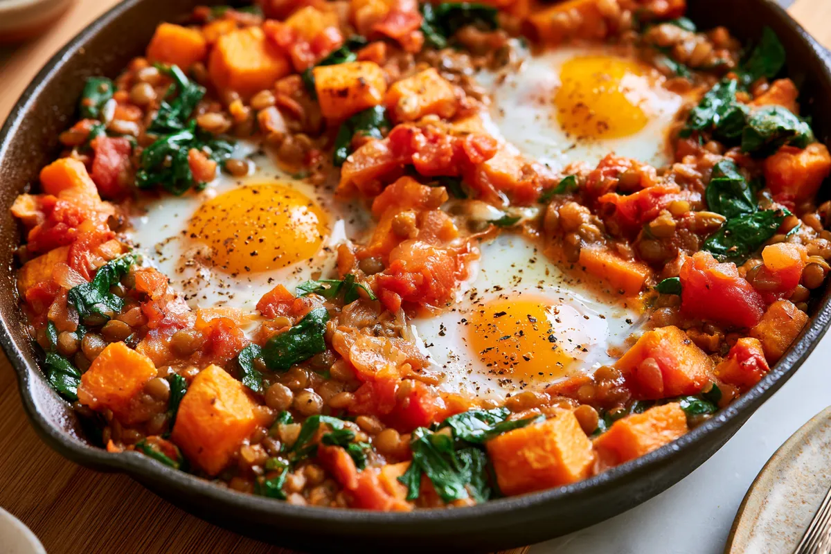 Cheap Healthy Dinners for Two: Smoky Lentil Sweet Potato Skillet 3 Close view of two eggs cooking in wells of a bubbling tomato lentil sweet potato and spinach skillet, an affordable healthy dinner for two