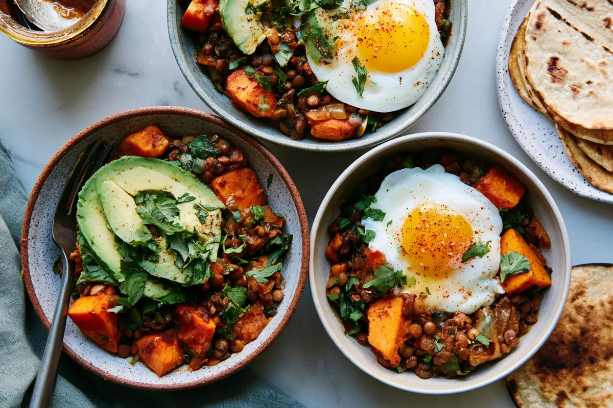 Cheap Healthy Dinners for Two: Smoky Lentil Sweet Potato Skillet 4 Two shallow bowls of smoky lentil sweet potato skillet topped with avocado, cilantro, and soft eggs, with warm tortillas on the side as cheap healthy dinners for two being served