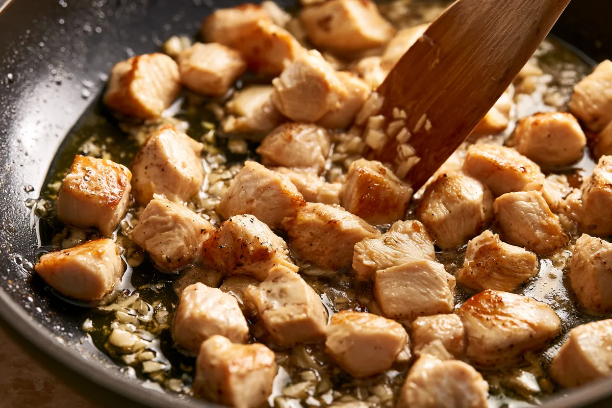 Cheesy Chicken Pasta Skillet 2 A close side-angle cooking scene of cheesy chicken pasta skillet, with browned diced chicken and minced garlic sizzling in olive oil in a large skillet before the creamy sauce is added
