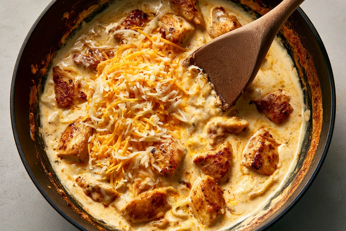 Cheesy Chicken Pasta Skillet 3 An overhead view of cheesy chicken pasta skillet at the sauce-making stage, with shredded cheddar and mozzarella melting into creamy sauce around browned chicken in a black skillet