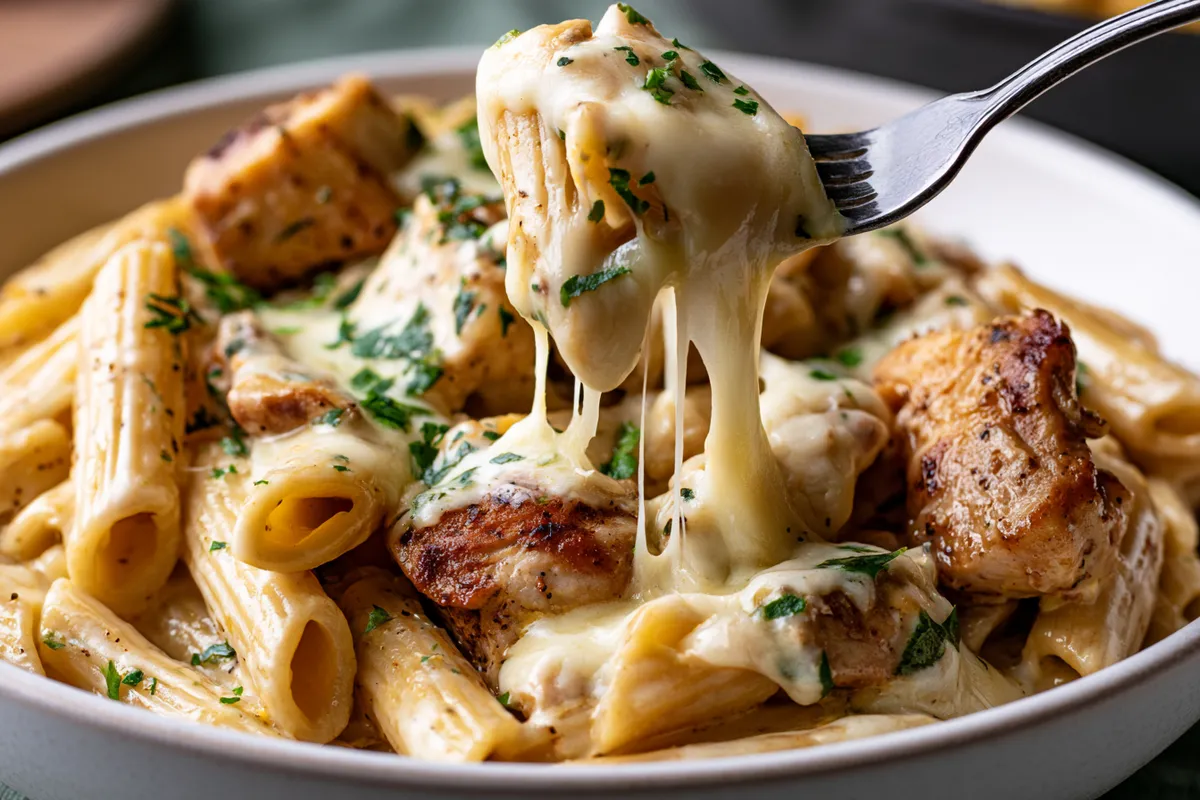 Cheesy Chicken Pasta Skillet 4 A plated serving of cheesy chicken pasta skillet in a shallow white bowl, with creamy penne, browned chicken pieces, melted cheese, parsley, and a fork lifting a cheese-coated bite