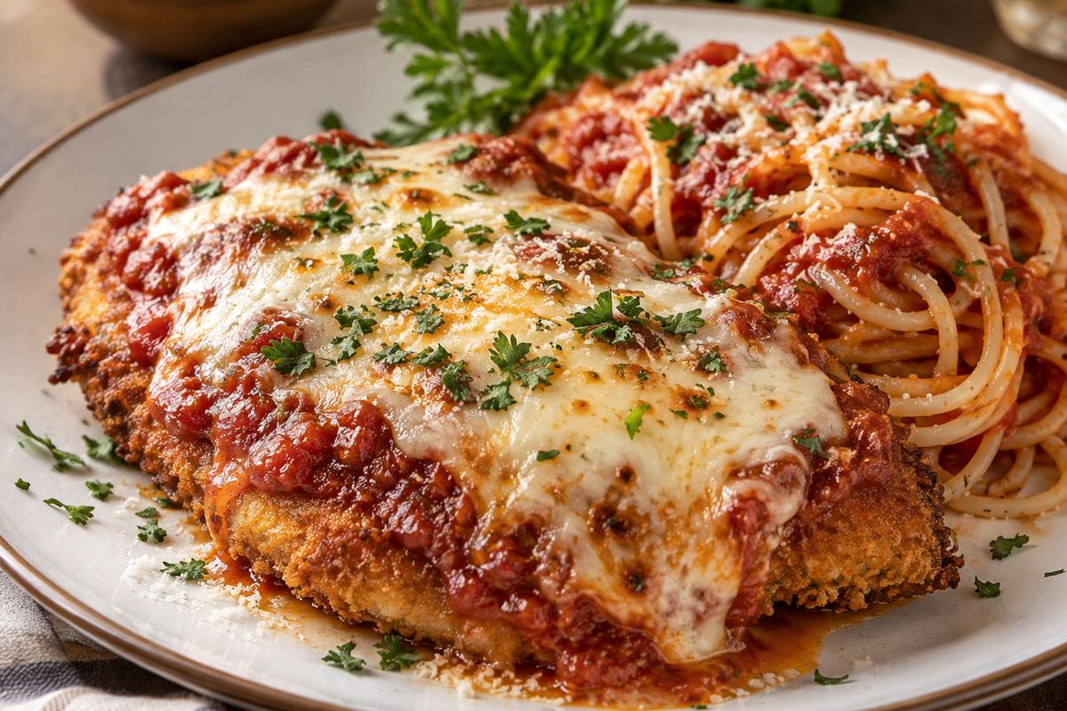 Finished chicken parmesan plated with a side of spaghetti and garnished with parsley.