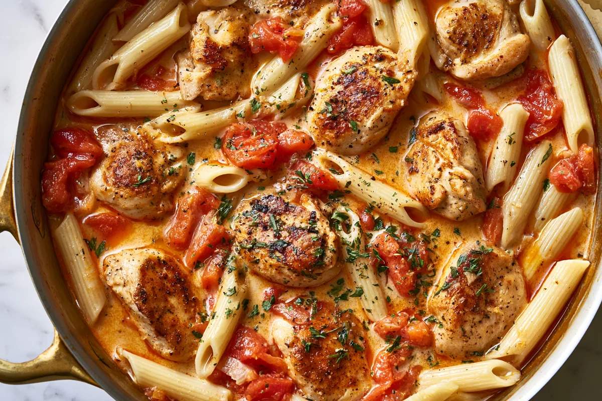 Chicken Pasta Recipes Buffalo-Style: Creamy One-Skillet Penne 2 A large skillet of Buffalo chicken pasta recipes buffalo-style at the simmering stage, showing browned chicken pieces, penne, diced tomatoes, and broth before the creamy cheese sauce is added