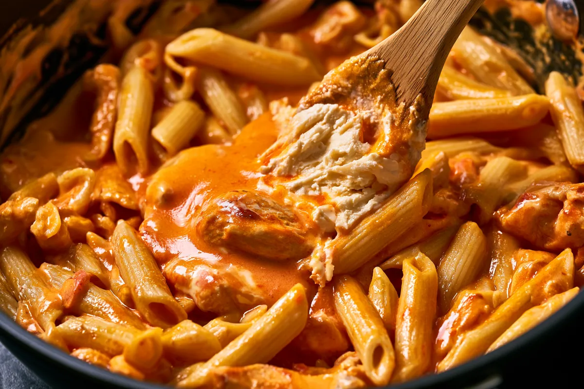 Chicken Pasta Recipes Buffalo-Style: Creamy One-Skillet Penne 3 A close side view of Buffalo chicken penne in a skillet as softened cream cheese and orange Buffalo sauce are stirred into the cooked pasta, creating a glossy creamy sauce