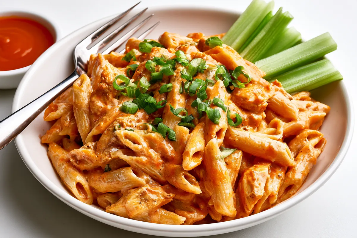 Chicken Pasta Recipes Buffalo-Style: Creamy One-Skillet Penne 4 A plated serving of chicken pasta recipes buffalo-style in a white bowl, creamy orange Buffalo chicken penne topped with green onions, with celery sticks and extra Buffalo sauce on the side