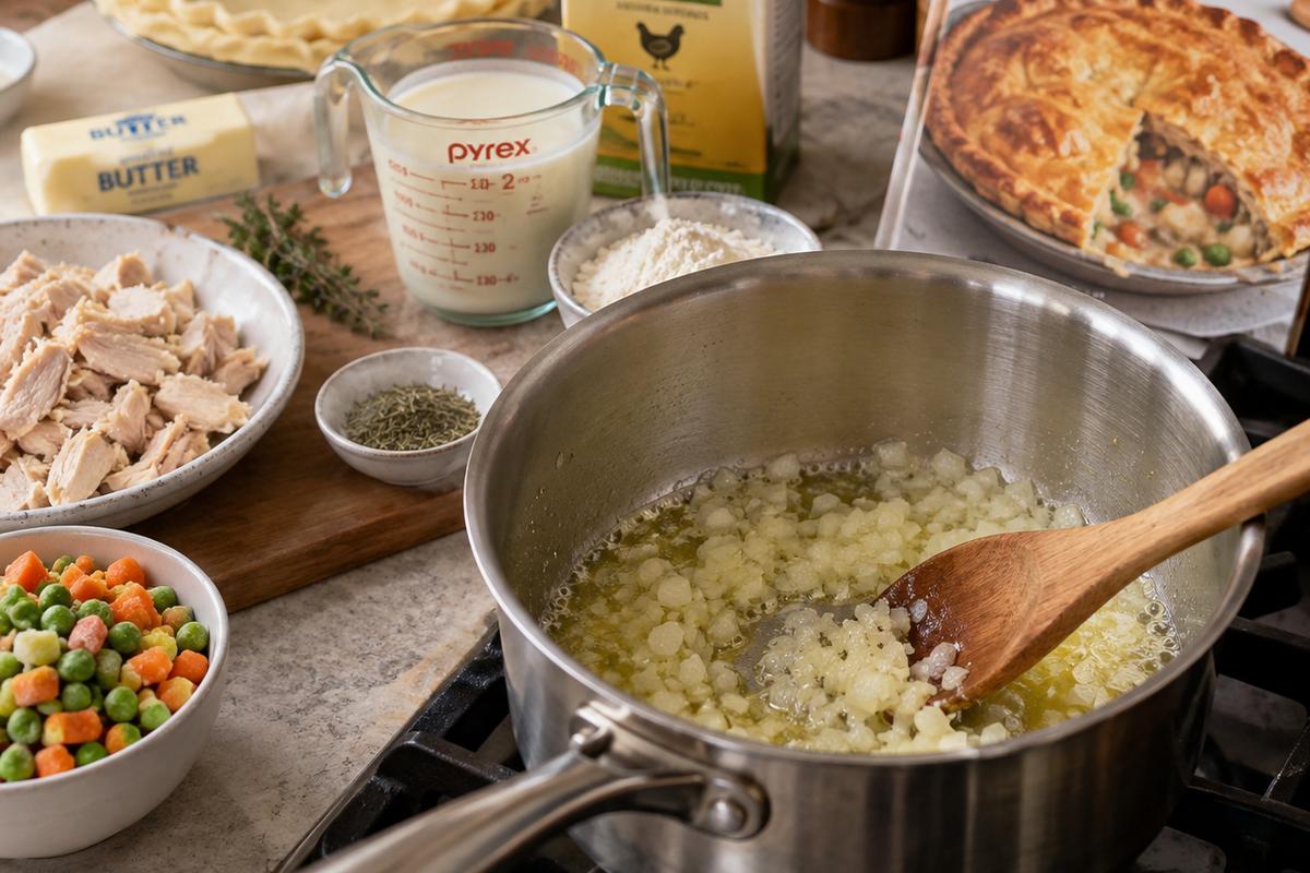 Chicken Pot Pie Recipe with Flaky Golden Crust 2 A chicken pot pie recipe filling being started in a small saucepan, with finely chopped onion softening in melted butter and a wooden spoon stirring; chicken pot pie ingredients visible on a nearby counter