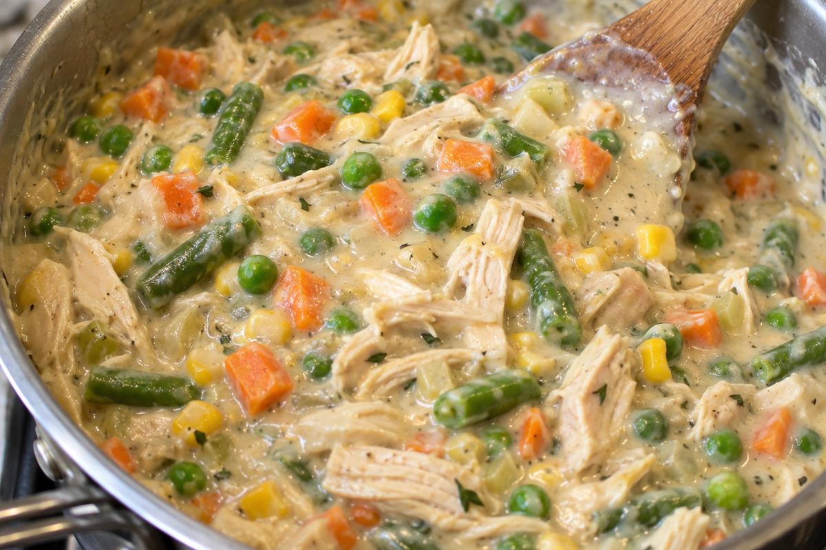 Chicken Pot Pie Recipe with Flaky Golden Crust 3 Thick creamy chicken pot pie recipe filling in a saucepan, showing shredded chicken, peas, carrots, corn, and green beans folded into a glossy white gravy with a wooden spoon