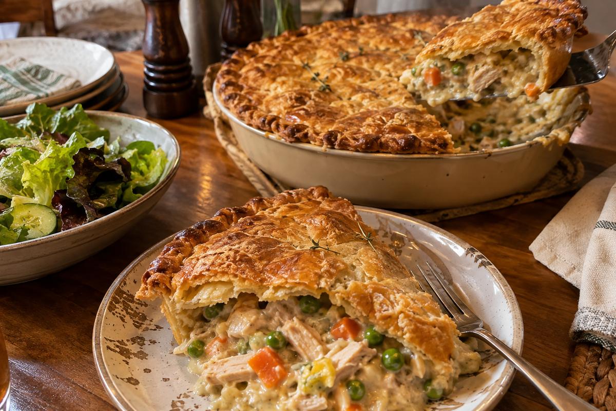Chicken Pot Pie Recipe with Flaky Golden Crust 4 A plated serving of chicken pot pie recipe with a flaky golden top crust and creamy chicken and vegetable filling, served beside a simple green salad on a warm dinner table, with a pie server lifting a second slice from the pie dish