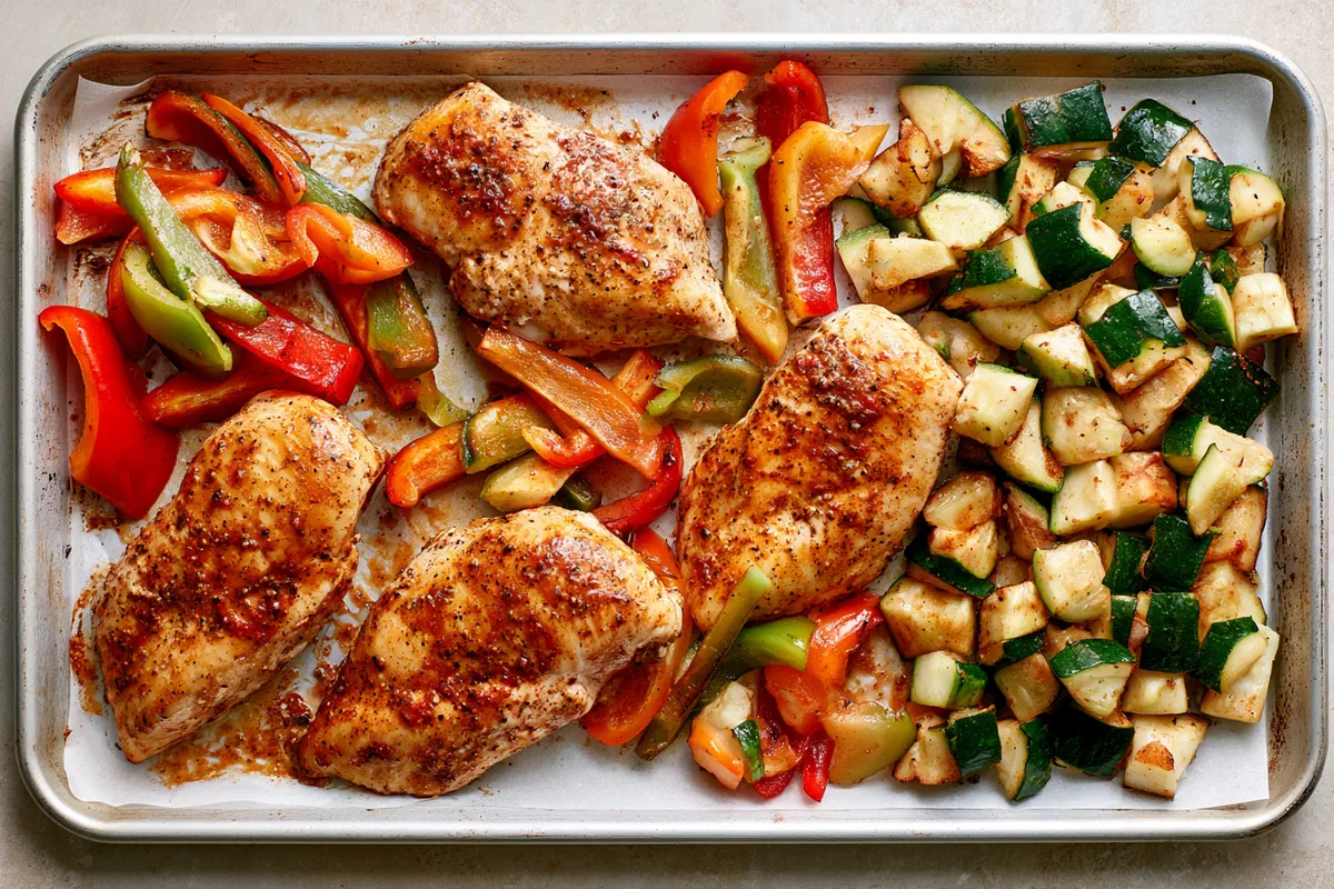 Chicken Quinoa Meal Prep Bowls with Lemon Tahini Yogurt Sauce 2 Overhead view of chicken quinoa meal prep in progress, showing seasoned chicken breast, sliced bell peppers, and chopped zucchini spread in a single layer on a parchment-lined sheet pan before roasting