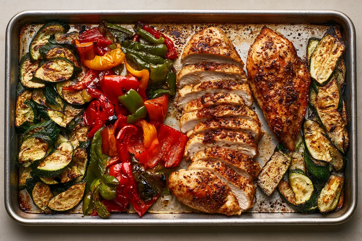 Chicken Quinoa Meal Prep Bowls with Lemon Tahini Yogurt Sauce 3 Freshly roasted chicken quinoa meal prep components on a sheet pan, with golden sliced chicken breast, blistered bell peppers, and tender browned zucchini just out of the oven