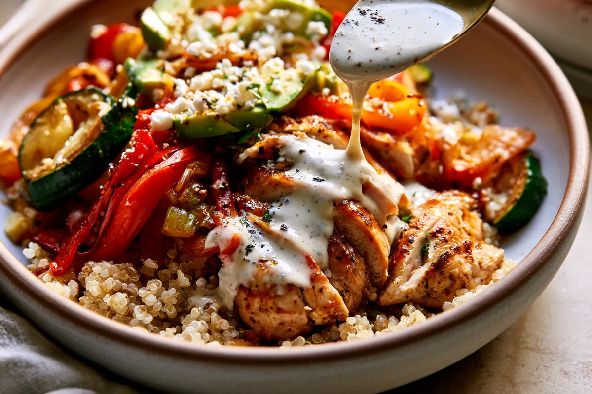 Chicken Quinoa Meal Prep Bowls with Lemon Tahini Yogurt Sauce 4 Chicken quinoa meal prep plated for serving in a shallow bowl, with fluffy quinoa underneath sliced roasted chicken, colorful peppers and zucchini, avocado and feta on top, lemon tahini yogurt sauce being drizzled from a spoon
