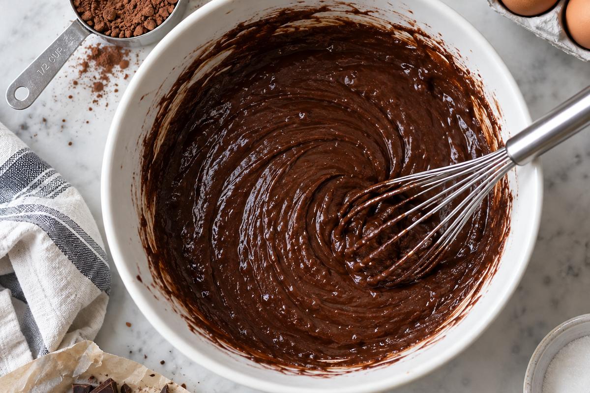 Chocolate Cake Dessert Recipes: Easy Moist Layer Cake 2 Overhead view of glossy dark chocolate cake batter for chocolate cake dessert recipes being mixed in a large white bowl, with a whisk and measured cocoa powder nearby