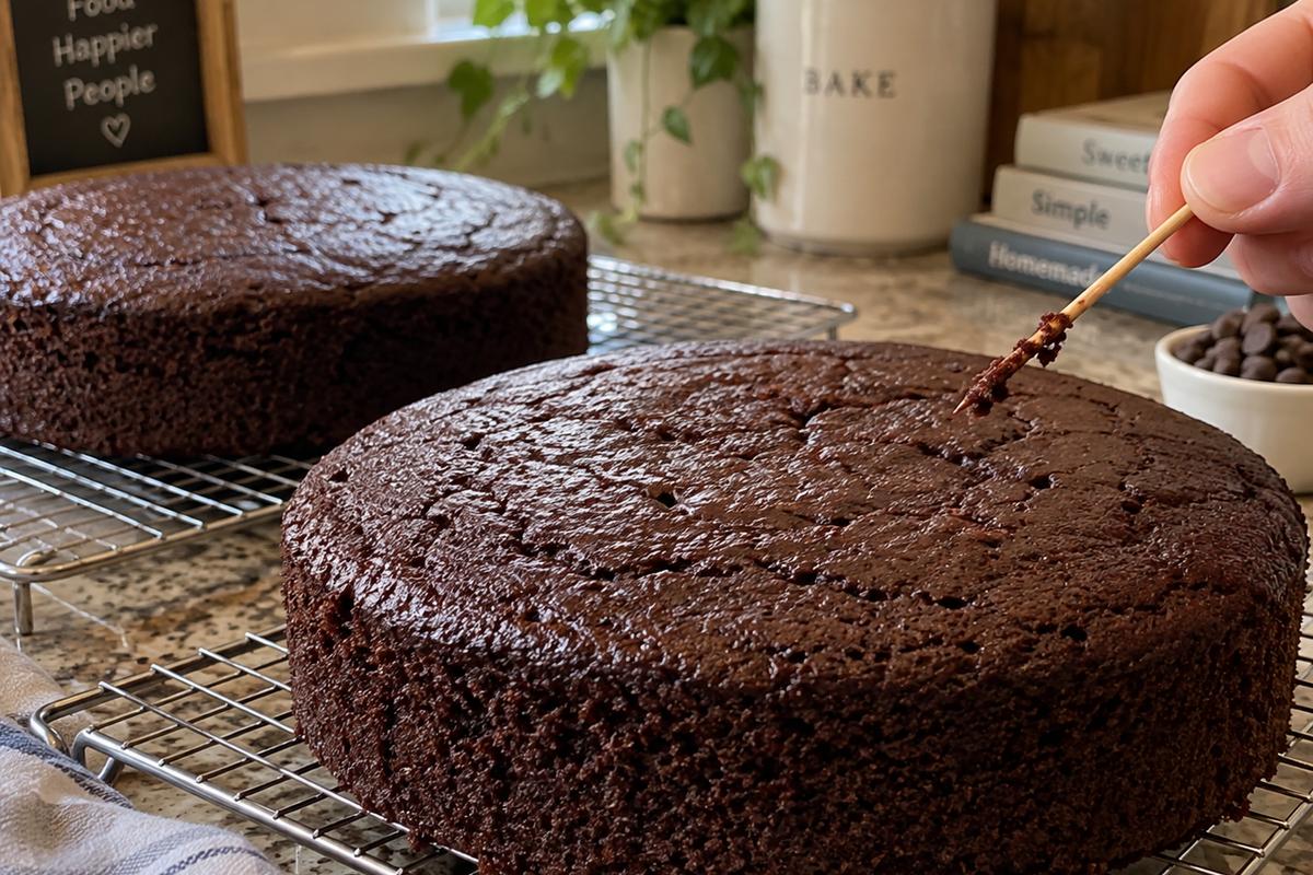 Chocolate Cake Dessert Recipes: Easy Moist Layer Cake 3 Two freshly baked round chocolate cake layers for chocolate cake dessert recipes cooling on wire racks, one layer showing a toothpick with a few moist crumbs, warm home kitchen setting