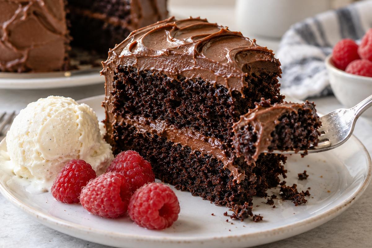 Chocolate Cake Dessert Recipes: Easy Moist Layer Cake 4 A plated slice of chocolate cake dessert recipes with thick chocolate buttercream and visible moist dark layers, served with fresh raspberries and a scoop of vanilla ice cream, dessert fork lifting a bite