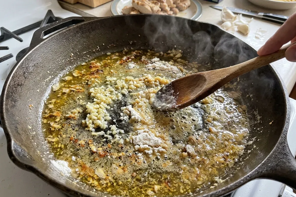 Creamy Chicken Alfredo Pasta Recipes: Easy One-Skillet Penne 2 A close cooking view of creamy chicken alfredo pasta recipes in progress, showing minced garlic and flour being stirred into golden chicken drippings in a large skillet after the cooked chicken has been set aside