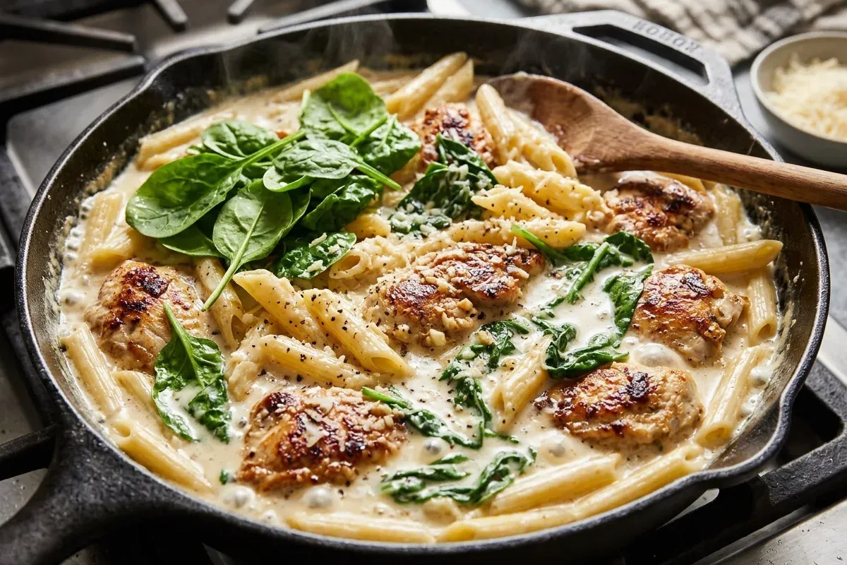 Creamy Chicken Alfredo Pasta Recipes: Easy One-Skillet Penne 3 A side-angle skillet view of creamy chicken alfredo pasta recipes as bright green spinach wilts into a smooth pale garlic-Parmesan sauce with browned chicken pieces