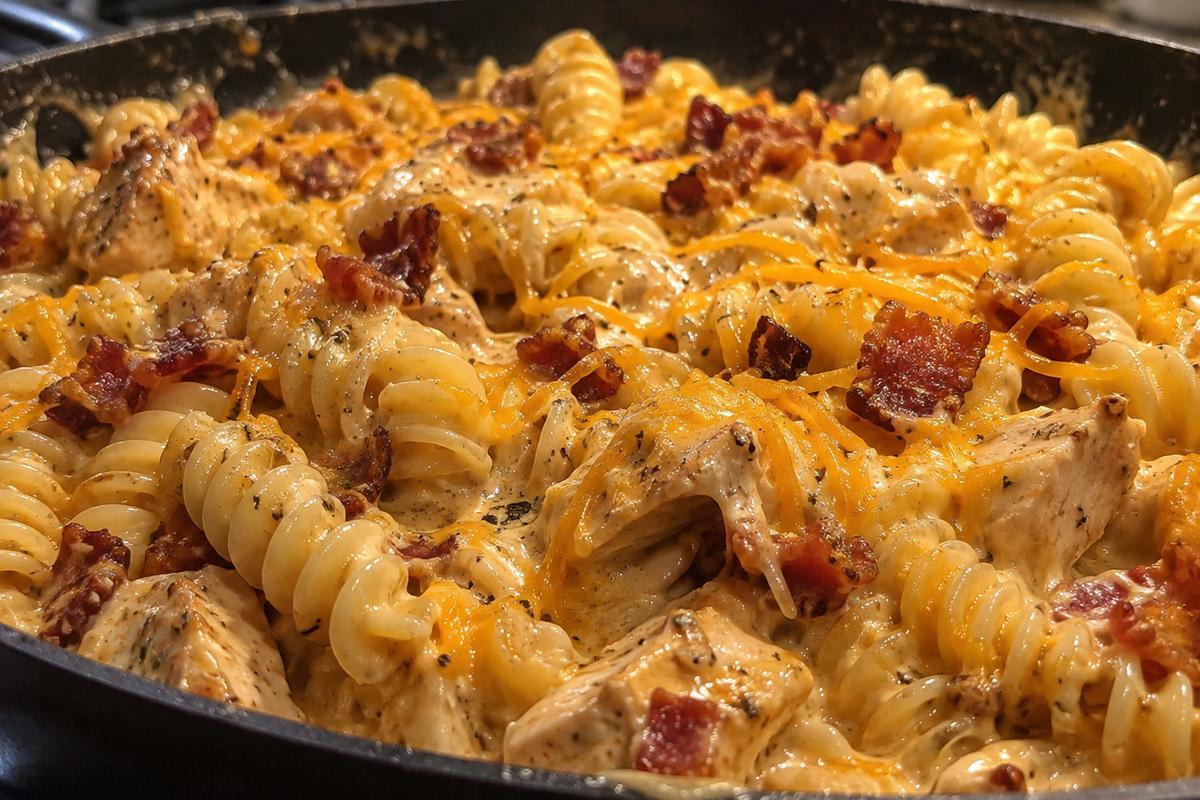 A side-angle close-up of creamy chicken bacon ranch pasta in a skillet, with rotini being folded through glossy melted cheddar ranch sauce while shredded cheddar melts on the surface