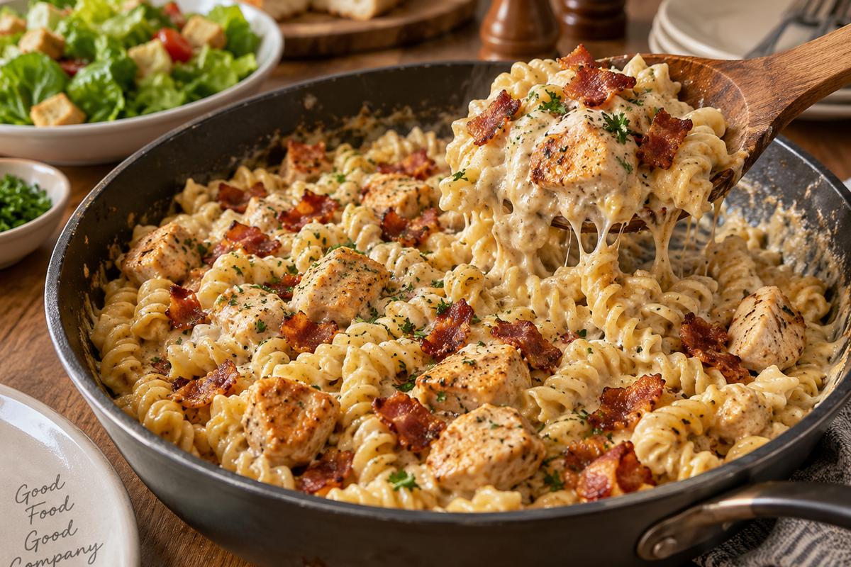 A dinner-table photograph of creamy chicken bacon ranch pasta being served from a large skillet with a wooden spoon, showing saucy rotini, golden chicken cubes, crisp bacon, parsley, and a simple green salad in the background