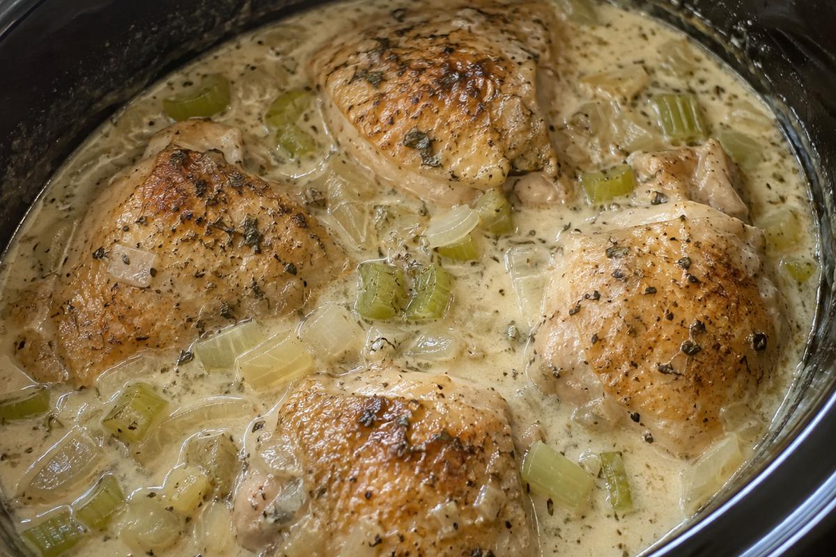 Creamy Crockpot Chicken and Rice Recipe 2 Creamy crockpot chicken and rice during the slow-cooking stage, showing seasoned bone-in chicken thighs nestled in a pale creamy sauce with diced celery and onion inside a slow cooker