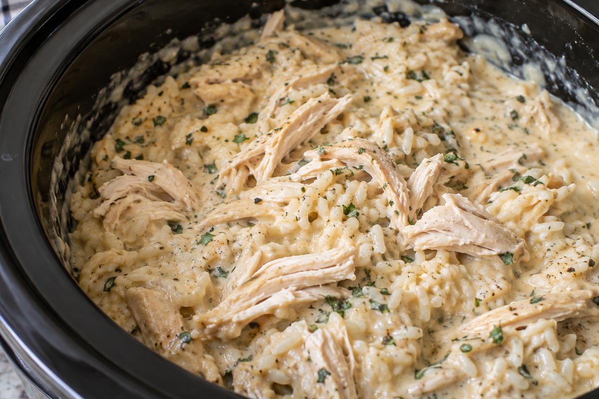 Creamy Crockpot Chicken and Rice Recipe 3 Creamy crockpot chicken and rice near the end of cooking, with shredded chicken returned over instant white rice in the thick creamy sauce inside the slow cooker