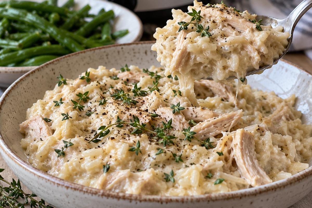Creamy Crockpot Chicken and Rice Recipe 4 A plated serving of creamy crockpot chicken and rice in a shallow bowl, with tender shredded chicken and creamy white rice topped with fresh thyme, a serving spoon lifting a portion beside a simple green vegetable side