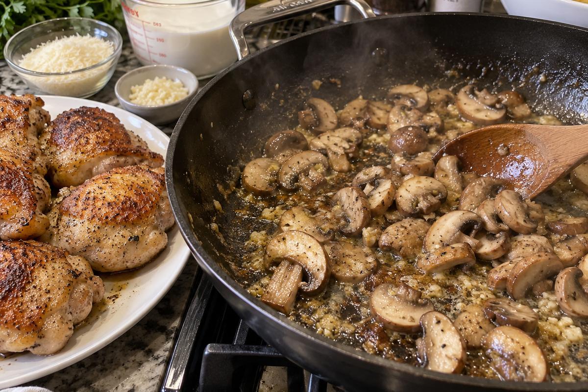 Creamy Garlic Parmesan Chicken Mushroom Pasta 2 Creamy garlic parmesan chicken mushroom pasta being prepared in a large skillet, showing browned chicken thighs resting on a plate beside the skillet and sliced mushrooms beginning to cook in the chicken pan drippings