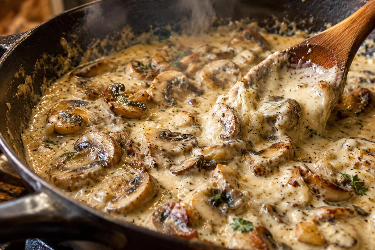 Creamy Garlic Parmesan Chicken Mushroom Pasta 3 A close side view of creamy garlic parmesan chicken mushroom pasta sauce in a skillet, with golden mushrooms in glossy pale parmesan cream and a wooden spoon stirring melted cheese through the sauce