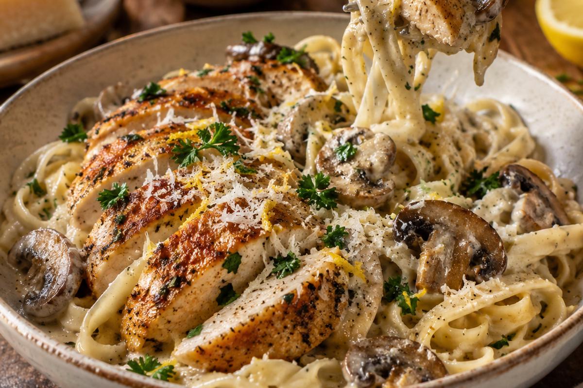 Creamy Garlic Parmesan Chicken Mushroom Pasta 4 A warmly lit dinner table scene with creamy garlic parmesan chicken mushroom pasta plated in a shallow bowl, topped with sliced chicken, browned mushrooms, parsley, lemon zest, and Parmesan, with a fork lifting a creamy bite