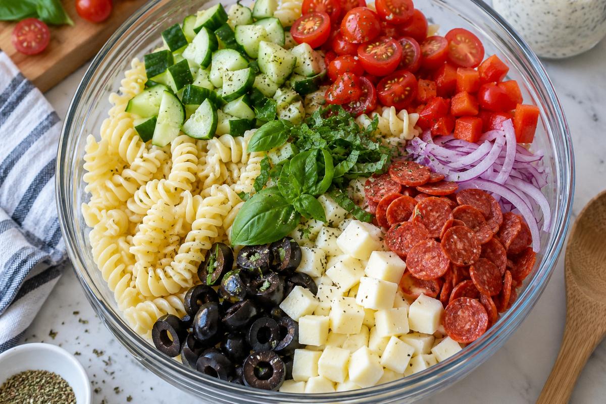 A close overhead view of creamy italian pasta salad in progress, showing cooled rotini in a glass bowl with chopped cucumber, cherry tomatoes, red pepper, red onion, mini pepperoni, cheese cubes, olives, and basil before tossing