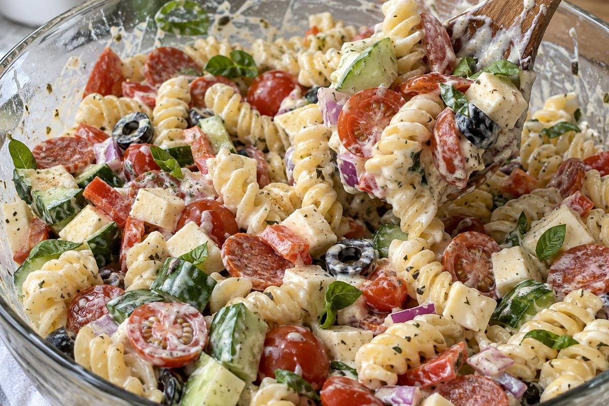 A wooden spoon tossing creamy italian pasta salad in a large mixing bowl, with creamy dressing coating rotini and colorful vegetables, pepperoni, olives, cheese, and basil visible throughout
