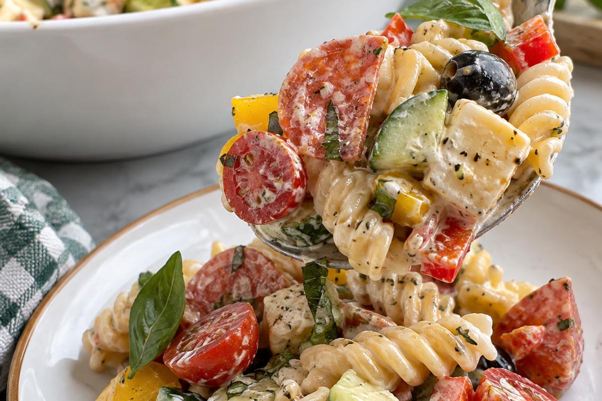 Individual spoonful of creamy italian pasta salad being served from a chilled white bowl onto a small plate, showing rotini coated in creamy dressing with tomatoes, cucumber, bell pepper, pepperoni, cheese, black olives, and basil