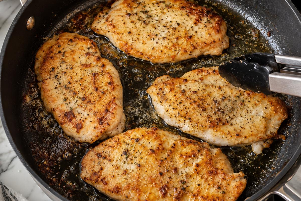 Creamy Parmesan Chicken Pasta Recipe with Spinach 2 Creamy parmesan chicken pasta recipe in progress, showing golden thin chicken cutlets sizzling in a deep skillet with browned edges, kitchen tongs nearby, overhead cooking view