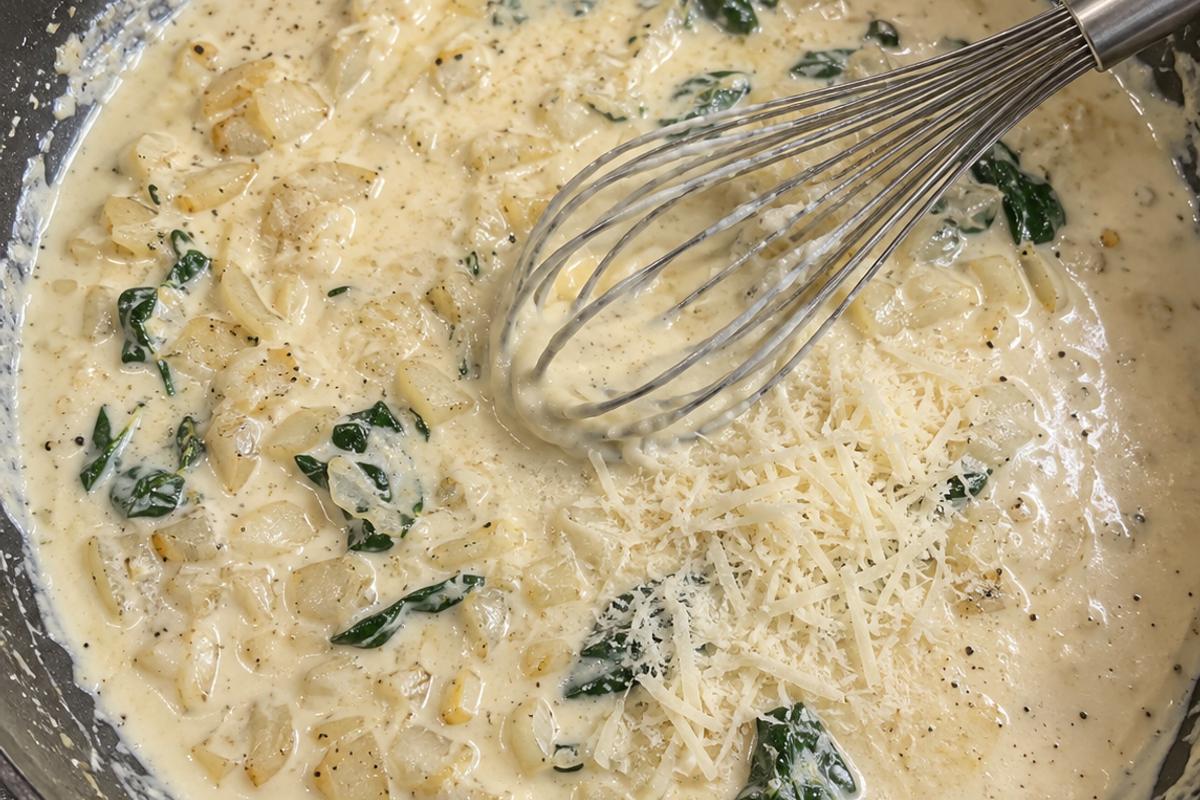 Creamy Parmesan Chicken Pasta Recipe with Spinach 3 Creamy parmesan chicken pasta recipe sauce in a deep skillet, with pale Parmesan cream sauce being whisked around softened onion and garlic, steam rising, close overhead view