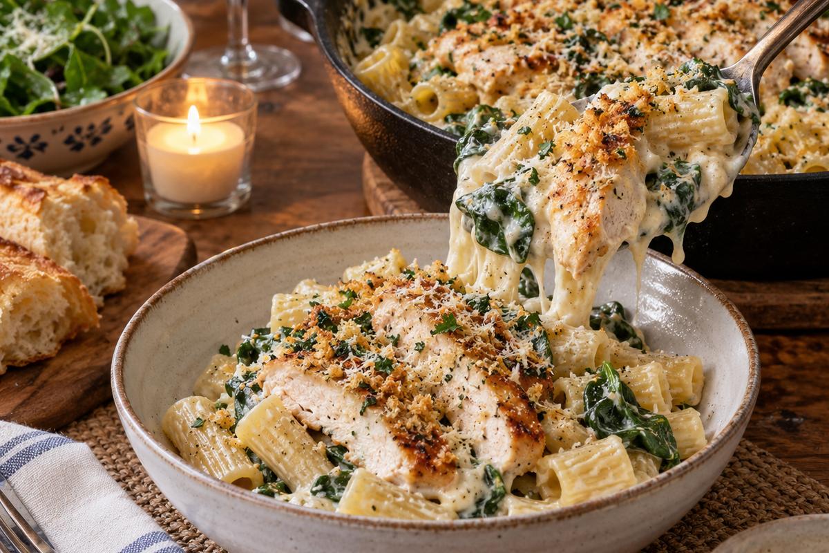 Creamy Parmesan Chicken Pasta Recipe with Spinach 4 Creamy parmesan chicken pasta recipe being served from a deep skillet into a ceramic bowl, creamy rigatoni, sliced chicken, spinach, toasted panko and Parmesan visible, inviting dinner table setting