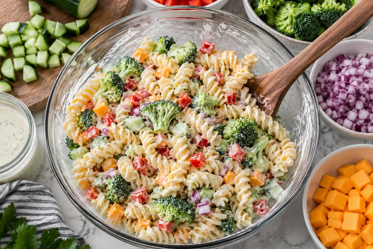 Creamy Ranch Pasta Salad with Cheddar and Crunchy Veggies 2 A close overhead preparation scene for creamy ranch pasta salad showing cooled rotini in a large mixing bowl surrounded by diced English cucumber, red bell pepper, small broccoli florets, finely diced red onion, and neat cheddar cheese cubes