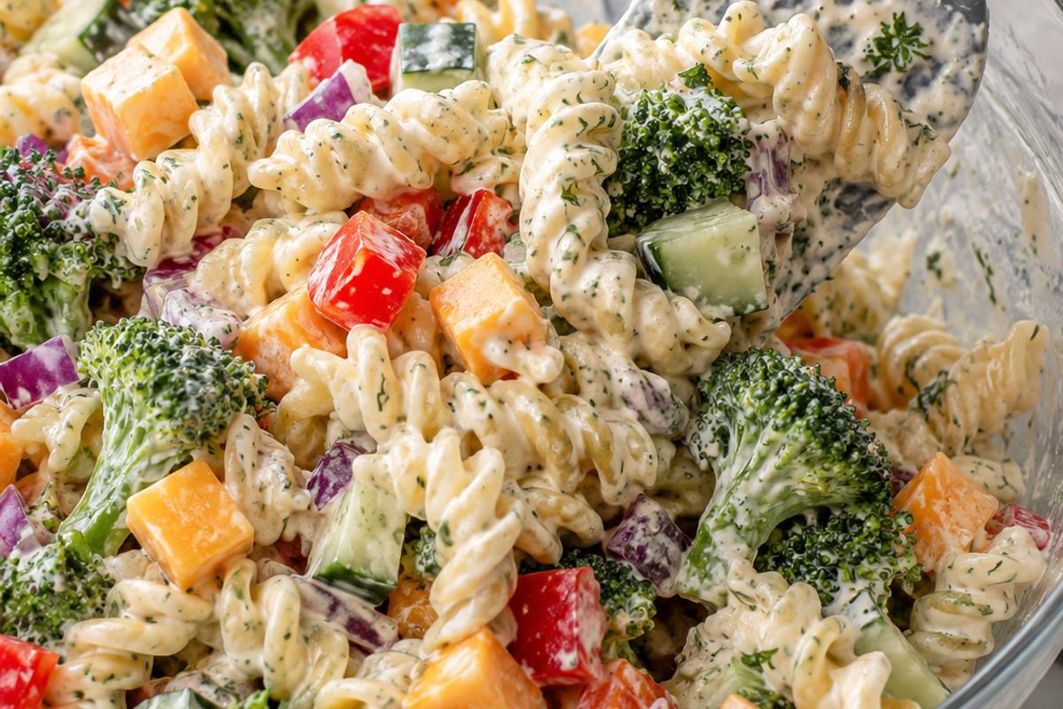 Creamy Ranch Pasta Salad with Cheddar and Crunchy Veggies 3 A close-up action photograph of creamy ranch pasta salad being tossed in a large bowl, rotini coated in pale herb-flecked ranch dressing with a silicone spatula folding the pasta