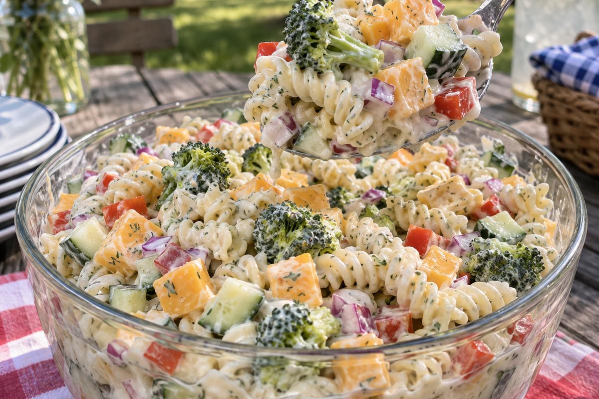 Creamy Ranch Pasta Salad with Cheddar and Crunchy Veggies 4 A casual outdoor serving scene featuring creamy ranch pasta salad in a clear glass bowl on a picnic table, with a spoon lifting a colorful portion of creamy rotini, cheddar cubes, broccoli, cucumber, red bell pepper, and red onion