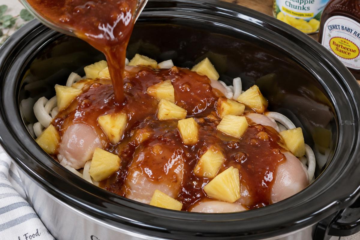 Crockpot Chicken Recipes Slow Cooker Pineapple BBQ Chicken 2 Crockpot chicken recipes slow cooker pineapple BBQ chicken at the sauce-prep stage, uncooked chicken breasts on sliced onions with diced pineapple in a six-quart slow cooker as glossy pineapple barbecue sauce is poured over the top
