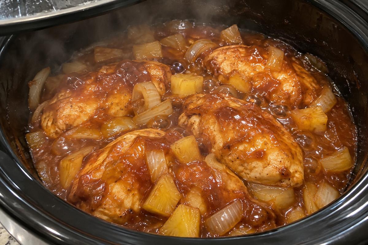 Crockpot Chicken Recipes Slow Cooker Pineapple BBQ Chicken 3 Crockpot chicken recipes slow cooker pineapple BBQ chicken midway through cooking, tender chicken breasts surrounded by bubbling pineapple barbecue sauce and softened onions inside a slow cooker with the lid lifted