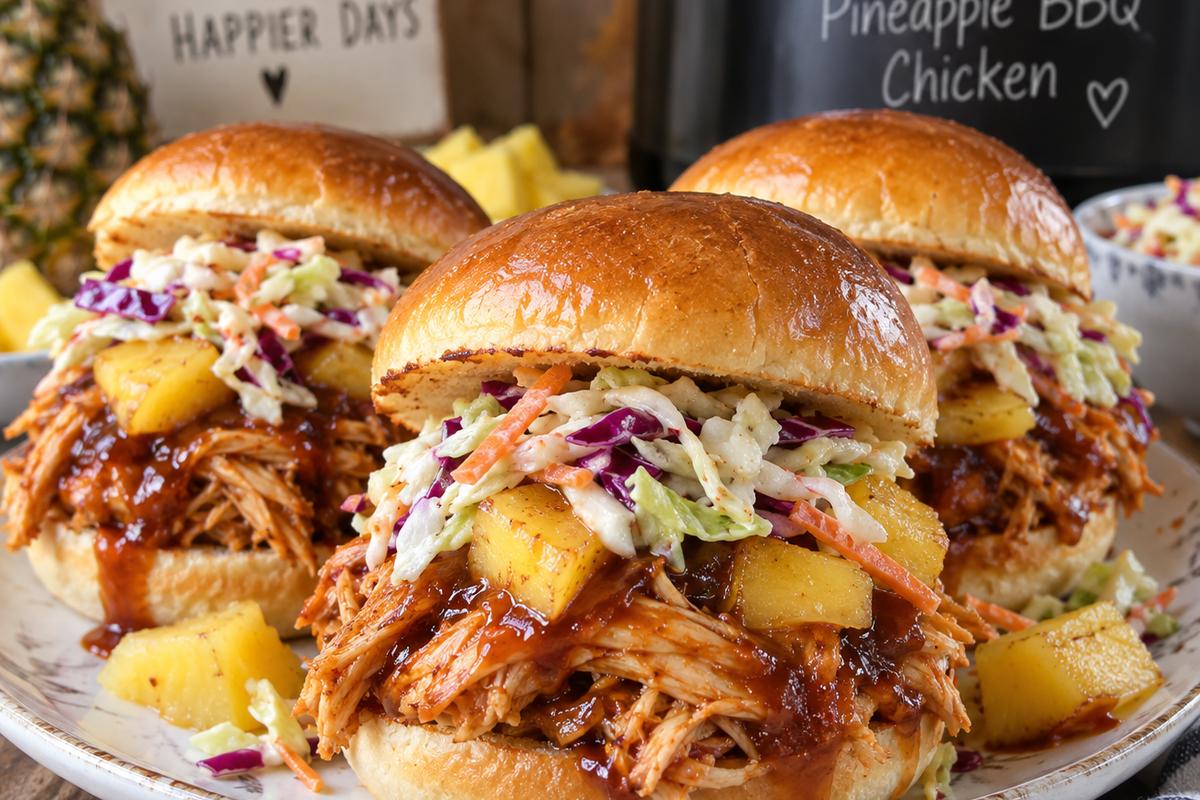 Crockpot Chicken Recipes Slow Cooker Pineapple BBQ Chicken 4 Crockpot chicken recipes slow cooker pineapple BBQ chicken served as barbecue chicken sliders on toasted buns with pineapple pieces and crunchy coleslaw, sauce glistening on the shredded chicken