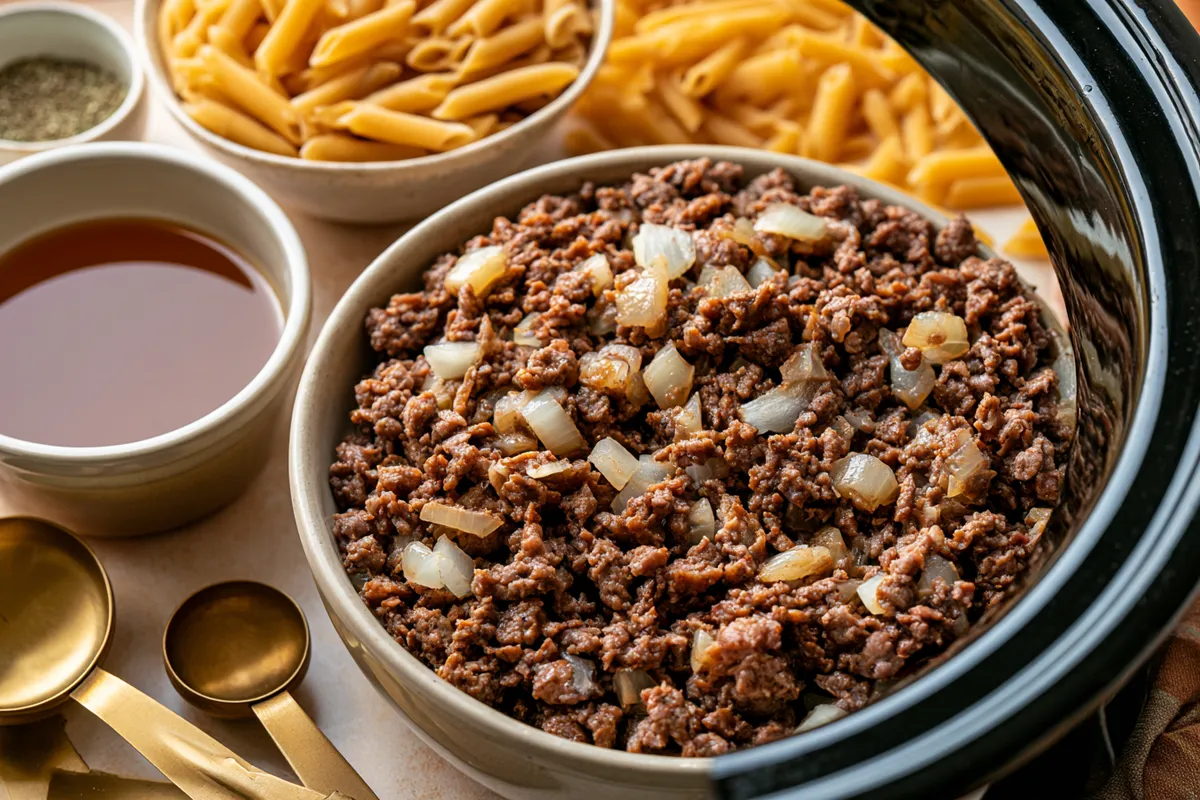 Creamy Crockpot Pasta Recipes Ground Beef Dinners with Spinach 2 Side-angle preparation scene for crockpot pasta recipes ground beef dinners, with browned ground beef and diced onions in a slow cooker surrounded by beef broth, dry penne, Italian seasoning, and measuring spoons